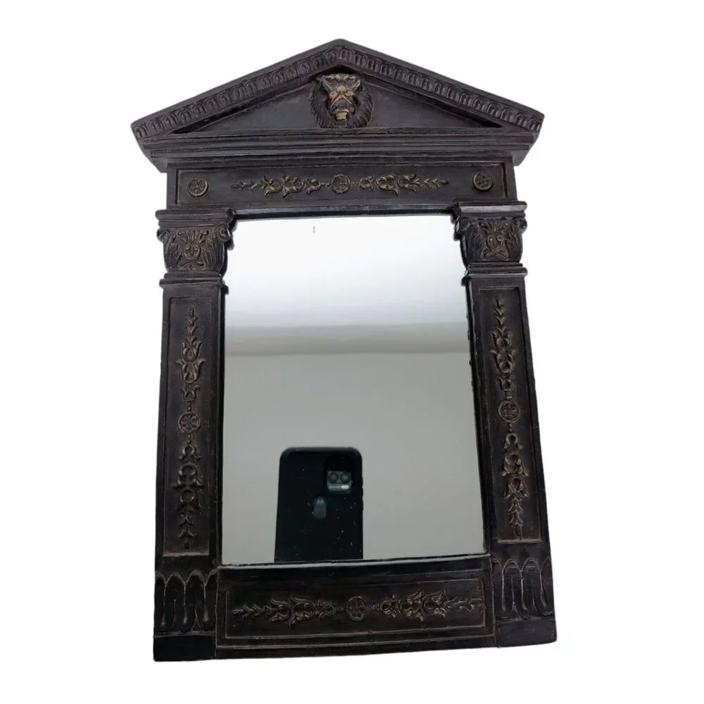 Vintage Rococo Lion Head Mirror Wall Hanging Floral Detailing Framed Faux Bois